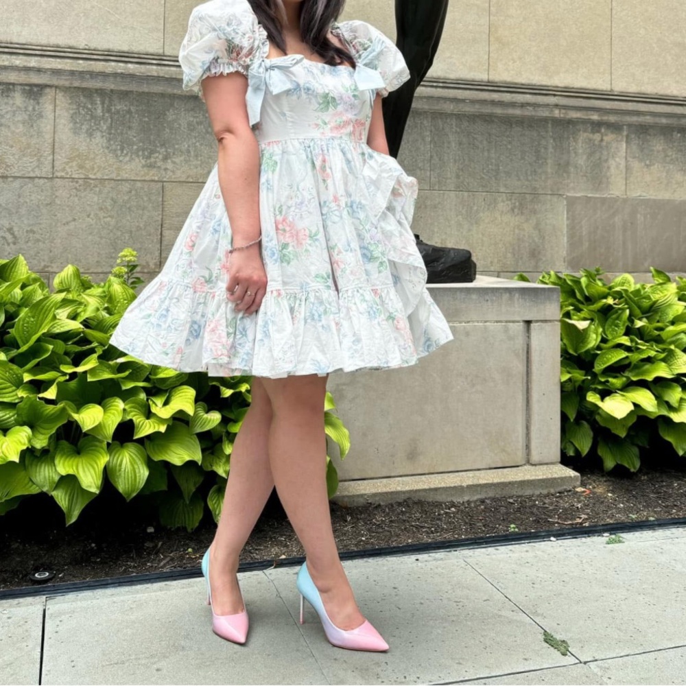 Selkie White Cream Ruffled Mini Dress Sweetheart Puff Sleeves